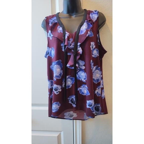 Elle Floral Print Tank Top sleeveless Ruffle Tie front Blouse Size M - Picture 1 of 9